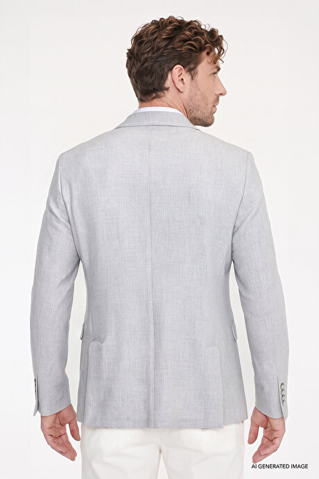 Slim Fit Dar Kesim Kırlangıç Yaka Kapak Cepli Armürlü Esnek Blazer Gri Ceket resmi
