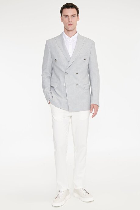 Slim Fit Dar Kesim Kırlangıç Yaka Kapak Cepli Armürlü Esnek Blazer Gri Ceket resmi