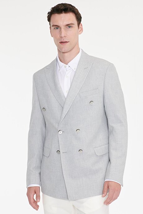 Slim Fit Dar Kesim Kırlangıç Yaka Kapak Cepli Armürlü Esnek Blazer Gri Ceket resmi