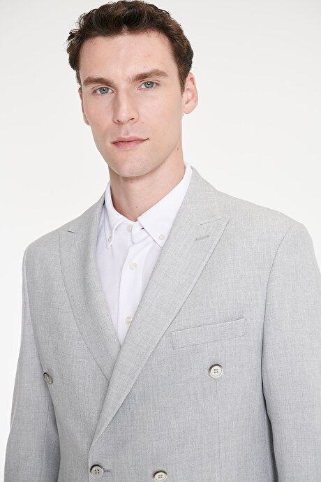 Slim Fit Dar Kesim Kırlangıç Yaka Kapak Cepli Armürlü Esnek Blazer Gri Ceket resmi