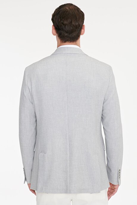 Slim Fit Dar Kesim Kırlangıç Yaka Kapak Cepli Armürlü Esnek Blazer Gri Ceket resmi