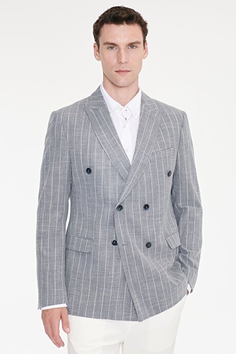 Pamuklu Slim Fit Dar Kesim Kırlangıç Yaka Kapak Cepli Çizgili Esnek Blazer Lacivert Ceket resmi