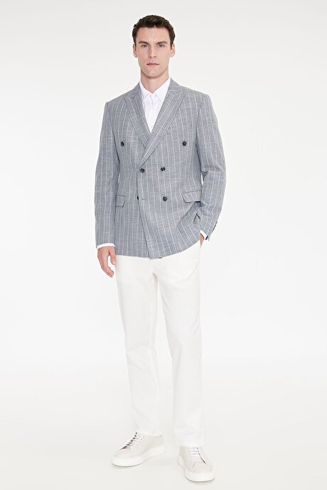 Pamuklu Slim Fit Dar Kesim Kırlangıç Yaka Kapak Cepli Çizgili Esnek Blazer Lacivert Ceket resmi