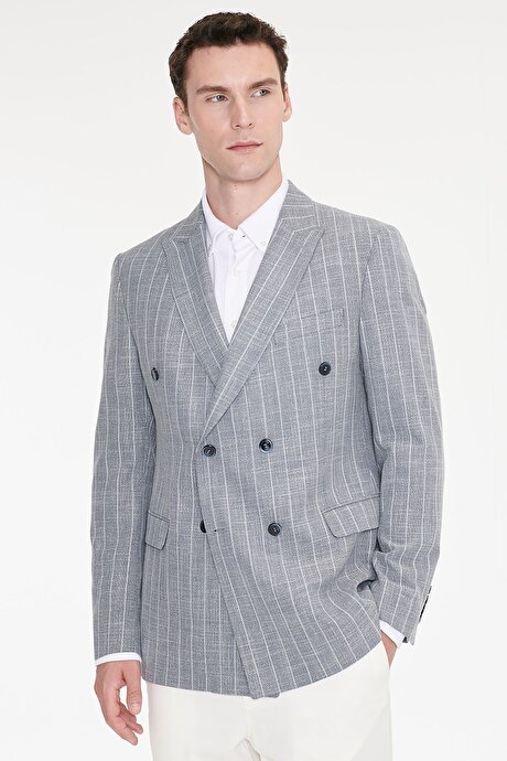Pamuklu Slim Fit Dar Kesim Kırlangıç Yaka Kapak Cepli Çizgili Esnek Blazer Lacivert Ceket resmi