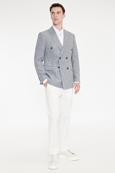 Pamuklu Slim Fit Dar Kesim Kırlangıç Yaka Kapak Cepli Çizgili Esnek Blazer Lacivert Ceket resmi