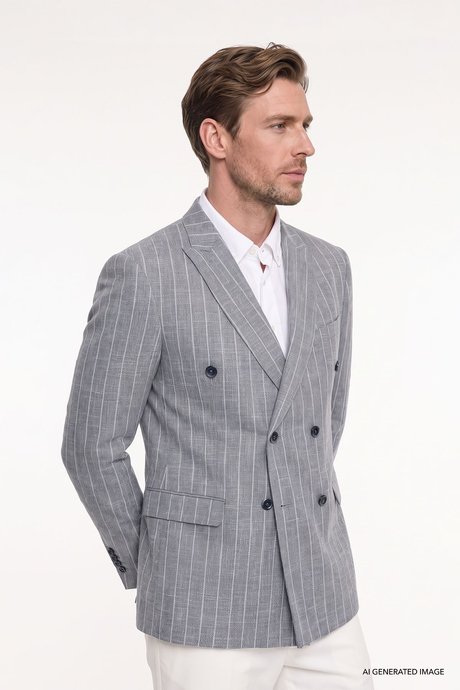Pamuklu Slim Fit Dar Kesim Kırlangıç Yaka Kapak Cepli Çizgili Esnek Blazer Lacivert Ceket resmi