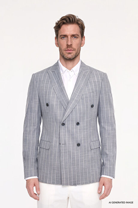 Pamuklu Slim Fit Dar Kesim Kırlangıç Yaka Kapak Cepli Çizgili Esnek Blazer Lacivert Ceket resmi