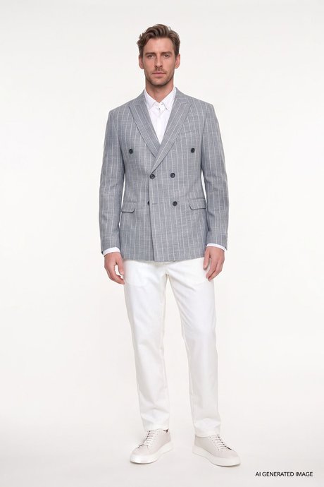 Pamuklu Slim Fit Dar Kesim Kırlangıç Yaka Kapak Cepli Çizgili Esnek Blazer Lacivert Ceket resmi