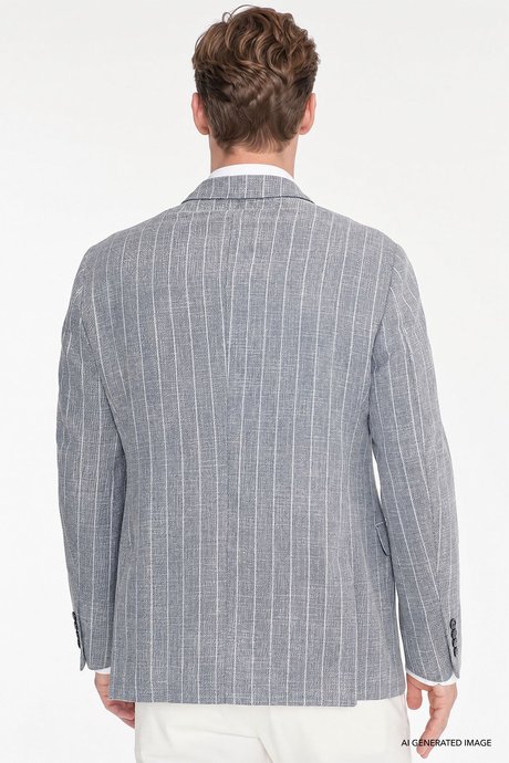 Pamuklu Slim Fit Dar Kesim Kırlangıç Yaka Kapak Cepli Çizgili Esnek Blazer Lacivert Ceket resmi