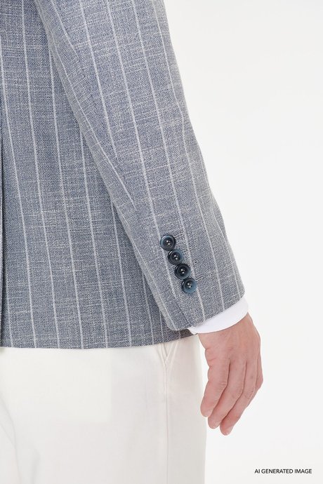 Pamuklu Slim Fit Dar Kesim Kırlangıç Yaka Kapak Cepli Çizgili Esnek Blazer Lacivert Ceket resmi
