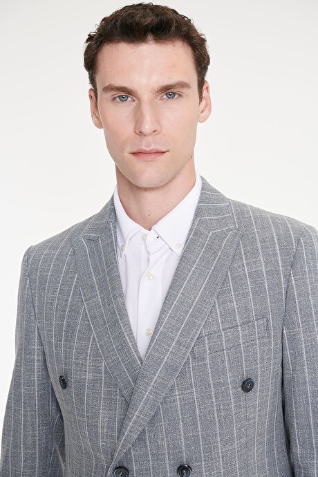 Pamuklu Slim Fit Dar Kesim Kırlangıç Yaka Kapak Cepli Çizgili Esnek Blazer Lacivert Ceket resmi