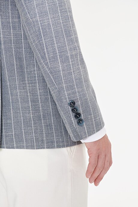 Pamuklu Slim Fit Dar Kesim Kırlangıç Yaka Kapak Cepli Çizgili Esnek Blazer Lacivert Ceket resmi