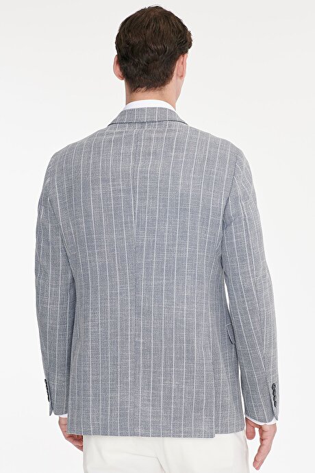 Pamuklu Slim Fit Dar Kesim Kırlangıç Yaka Kapak Cepli Çizgili Esnek Blazer Lacivert Ceket resmi