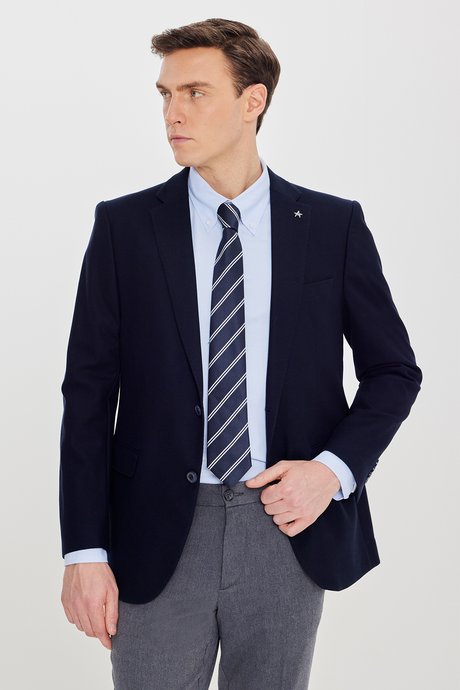 %100 Pamuk Slim Fit Dar Kesim Mono Yaka Kapak Cepli Blazer Lacivert Ceket resmi