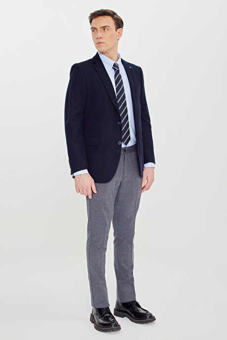 %100 Pamuk Slim Fit Dar Kesim Mono Yaka Kapak Cepli Blazer Lacivert Ceket resmi