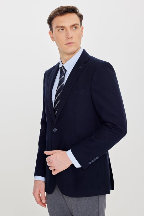 %100 Pamuk Slim Fit Dar Kesim Mono Yaka Kapak Cepli Blazer Lacivert Ceket resmi