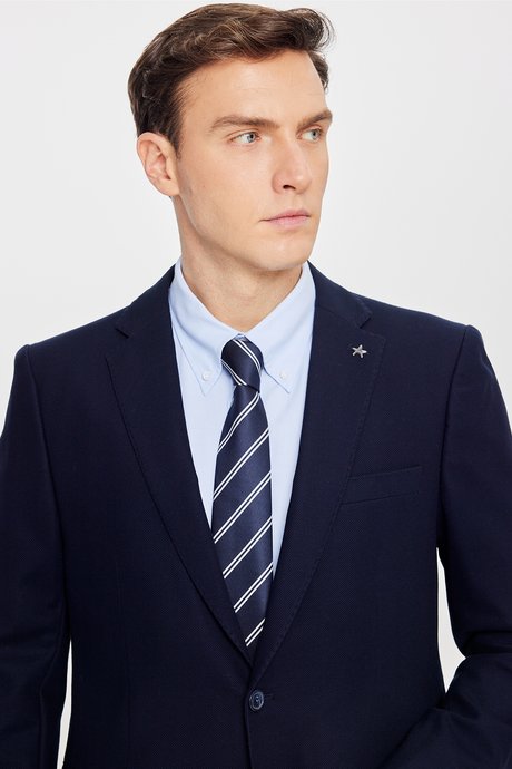 %100 Pamuk Slim Fit Dar Kesim Mono Yaka Kapak Cepli Blazer Lacivert Ceket resmi