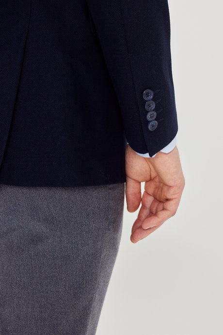 %100 Pamuk Slim Fit Dar Kesim Mono Yaka Kapak Cepli Blazer Lacivert Ceket resmi