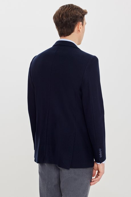 %100 Pamuk Slim Fit Dar Kesim Mono Yaka Kapak Cepli Blazer Lacivert Ceket resmi
