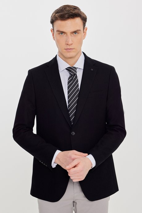 %100 Pamuk Slim Fit Dar Kesim Mono Yaka Kapak Cepli Blazer Siyah Ceket resmi