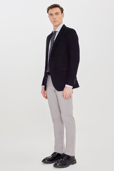 %100 Pamuk Slim Fit Dar Kesim Mono Yaka Kapak Cepli Blazer Siyah Ceket resmi