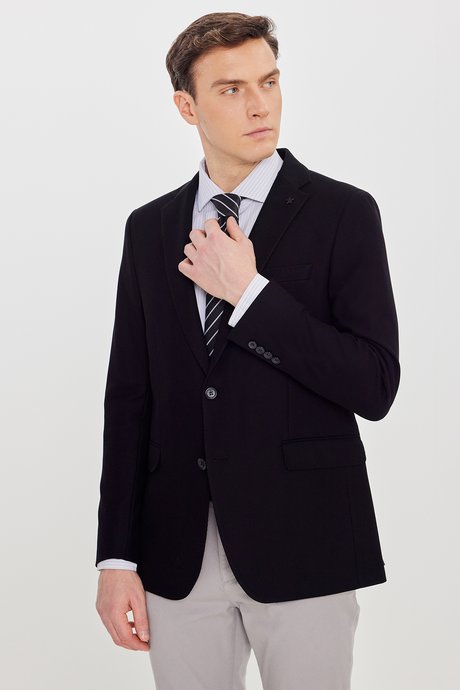 %100 Pamuk Slim Fit Dar Kesim Mono Yaka Kapak Cepli Blazer Siyah Ceket resmi