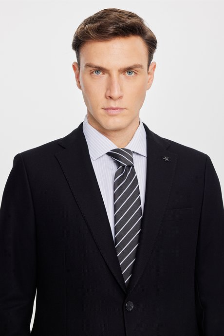 %100 Pamuk Slim Fit Dar Kesim Mono Yaka Kapak Cepli Blazer Siyah Ceket resmi