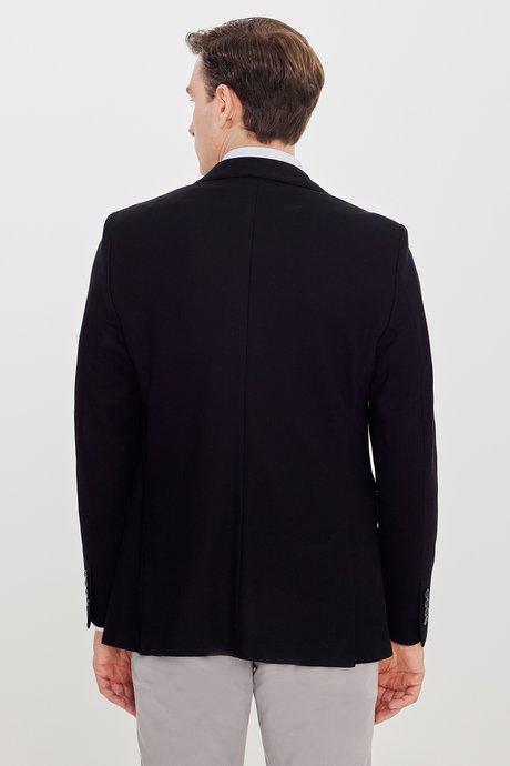 %100 Pamuk Slim Fit Dar Kesim Mono Yaka Kapak Cepli Blazer Siyah Ceket resmi