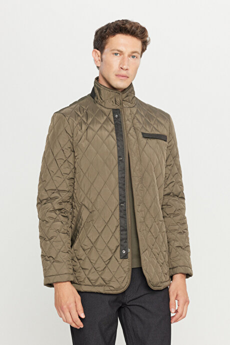 Standart Fit Normal Kesim Dik Yaka Yan Cepli Overcoat Haki Mont resmi