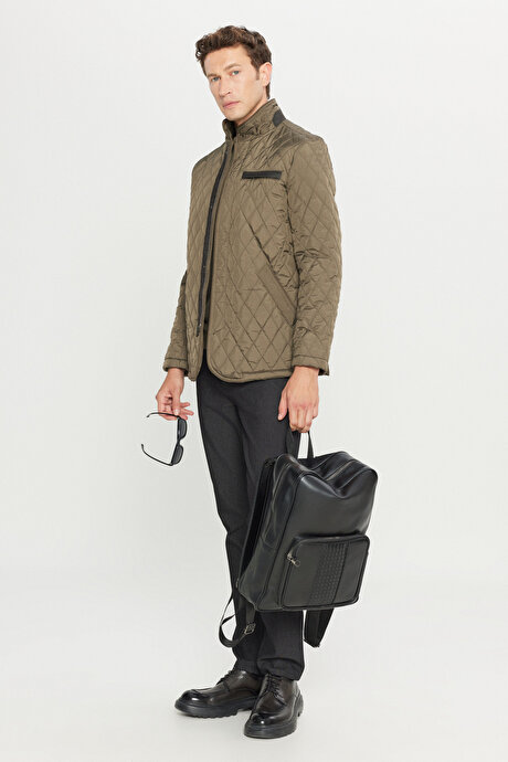 Standart Fit Normal Kesim Dik Yaka Yan Cepli Overcoat Haki Mont resmi