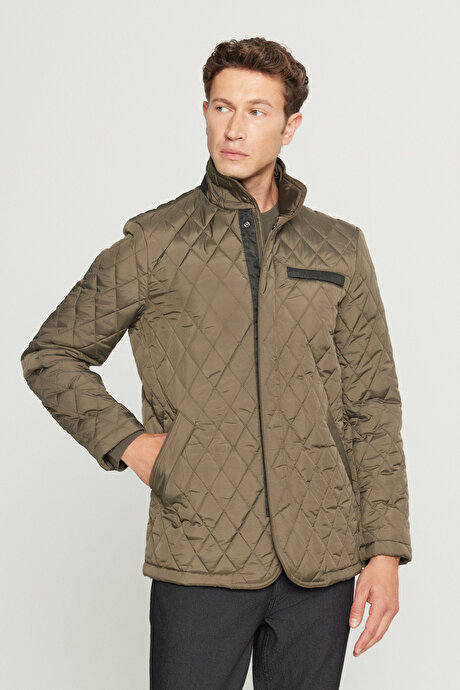 Standart Fit Normal Kesim Dik Yaka Yan Cepli Overcoat Haki Mont resmi