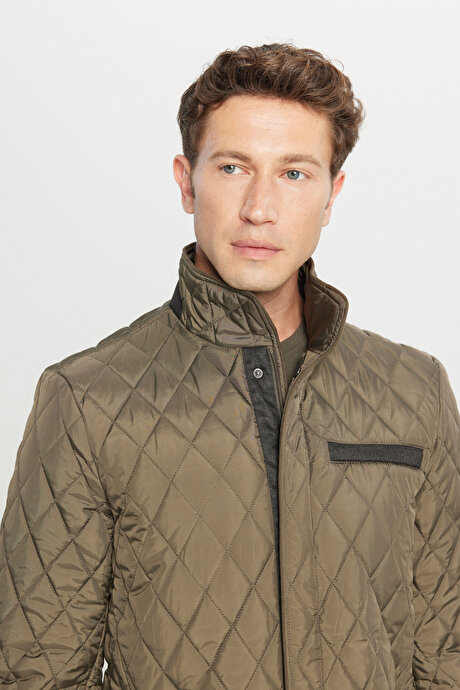 Standart Fit Normal Kesim Dik Yaka Yan Cepli Overcoat Haki Mont resmi