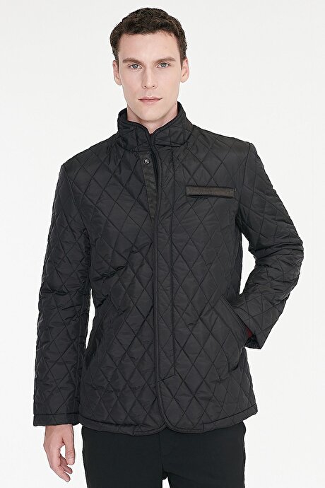 Standart Fit Normal Kesim Dik Yaka Yan Cepli Overcoat Siyah Mont resmi