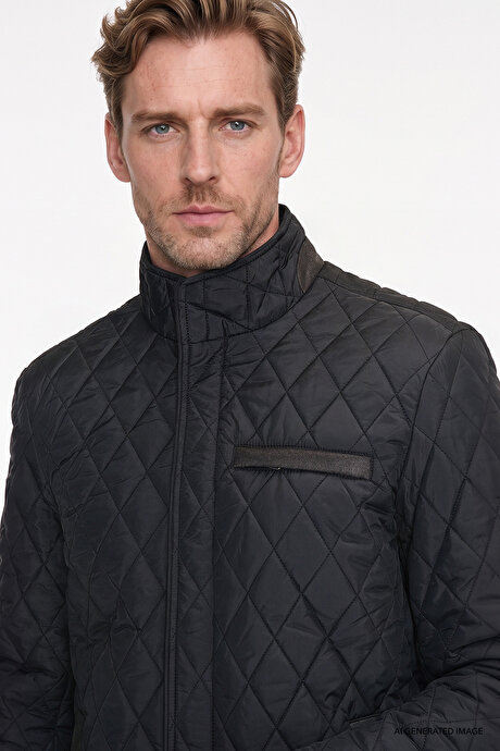 Standart Fit Normal Kesim Dik Yaka Yan Cepli Overcoat Siyah Mont resmi
