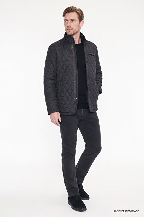 Standart Fit Normal Kesim Dik Yaka Yan Cepli Overcoat Siyah Mont resmi