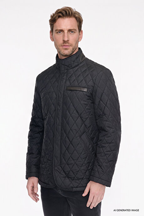Standart Fit Normal Kesim Dik Yaka Yan Cepli Overcoat Siyah Mont resmi