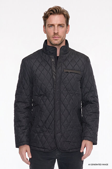 Standart Fit Normal Kesim Dik Yaka Yan Cepli Overcoat Siyah Mont resmi