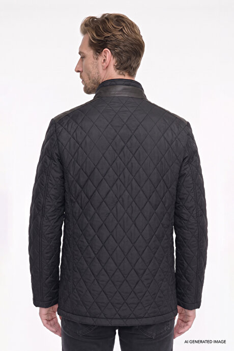 Standart Fit Normal Kesim Dik Yaka Yan Cepli Overcoat Siyah Mont resmi