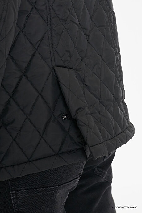 Standart Fit Normal Kesim Dik Yaka Yan Cepli Overcoat Siyah Mont resmi