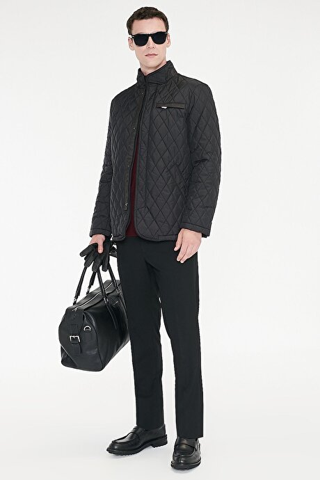 Standart Fit Normal Kesim Dik Yaka Yan Cepli Overcoat Siyah Mont resmi