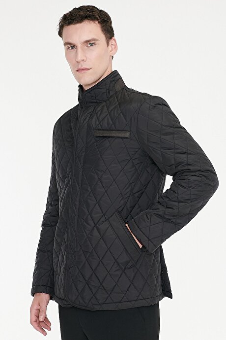 Standart Fit Normal Kesim Dik Yaka Yan Cepli Overcoat Siyah Mont resmi