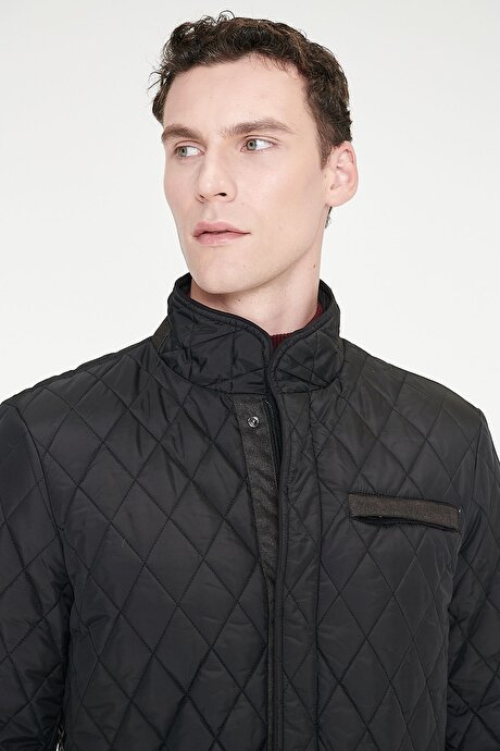 Standart Fit Normal Kesim Dik Yaka Yan Cepli Overcoat Siyah Mont resmi