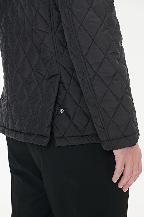 Standart Fit Normal Kesim Dik Yaka Yan Cepli Overcoat Siyah Mont resmi