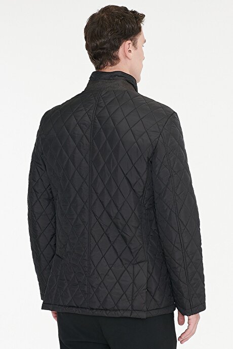 Standart Fit Normal Kesim Dik Yaka Yan Cepli Overcoat Siyah Mont resmi