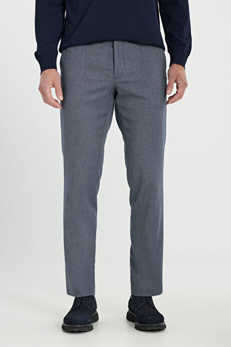 Comfort Fit Rahat Kesim Beli Gizli Lastikli Yan Cep Desenli Klasik Esnek Lacivert Pantolon resmi