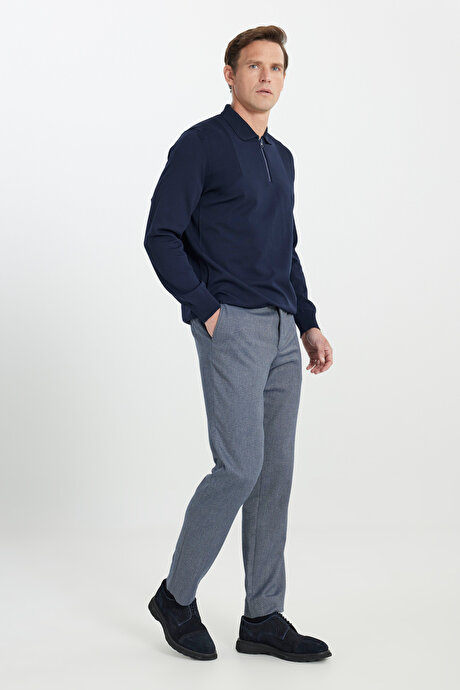 Comfort Fit Rahat Kesim Beli Gizli Lastikli Yan Cep Desenli Klasik Esnek Lacivert Pantolon resmi