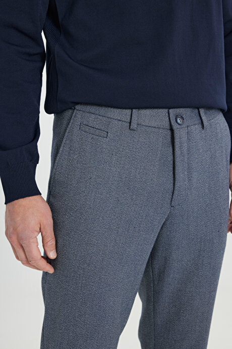 Comfort Fit Rahat Kesim Beli Gizli Lastikli Yan Cep Desenli Klasik Esnek Lacivert Pantolon resmi