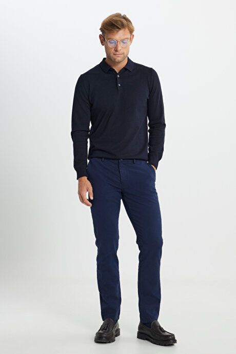 Slim Fit Dar Kesim Pamuklu Esnek Armürlü Yan Cep Lacivert Pantolon resmi