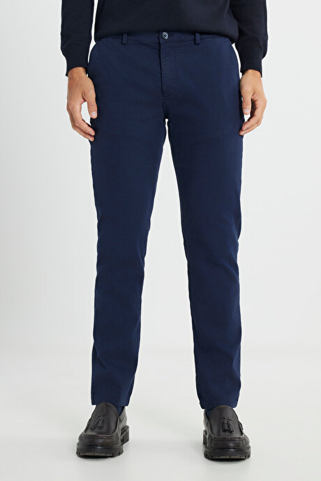 Slim Fit Dar Kesim Pamuklu Esnek Armürlü Yan Cep Lacivert Pantolon resmi