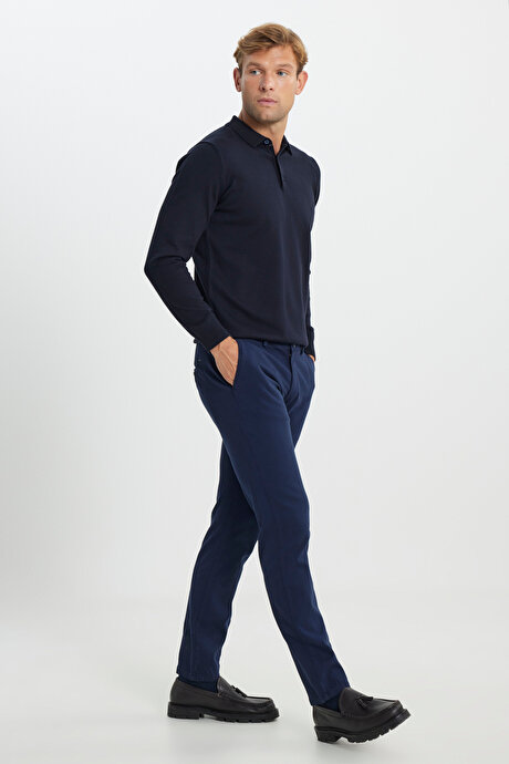Slim Fit Dar Kesim Pamuklu Esnek Armürlü Yan Cep Lacivert Pantolon resmi